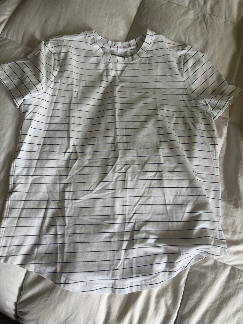 lululemon athletica White Tee with Thin Navy Stripes - Short Sleeve